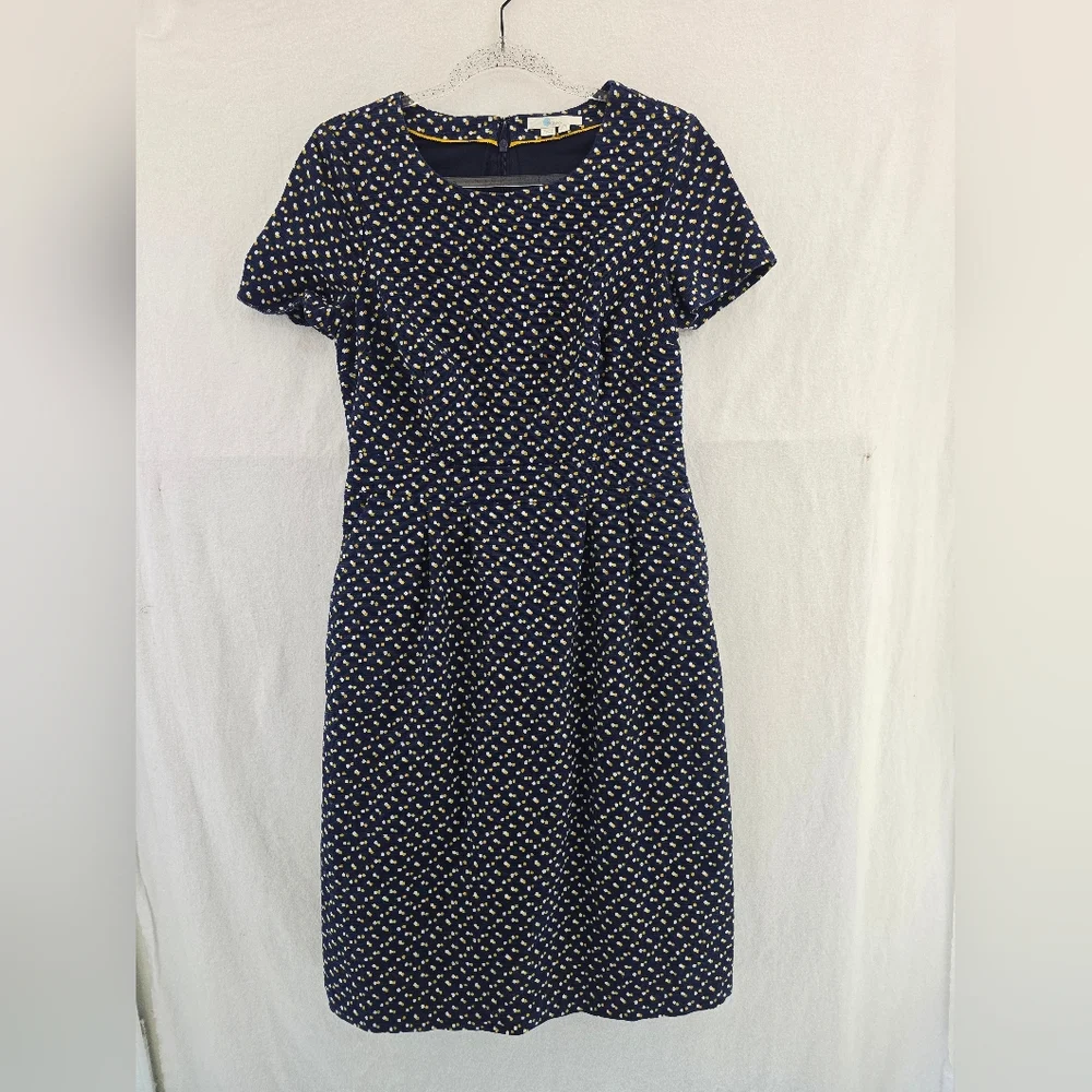BODEN Navy Blue W/ White&yellow Dots S Sleeve Shift Zip Back Cotton Dress. Sz 8 - Picture 2 of 12